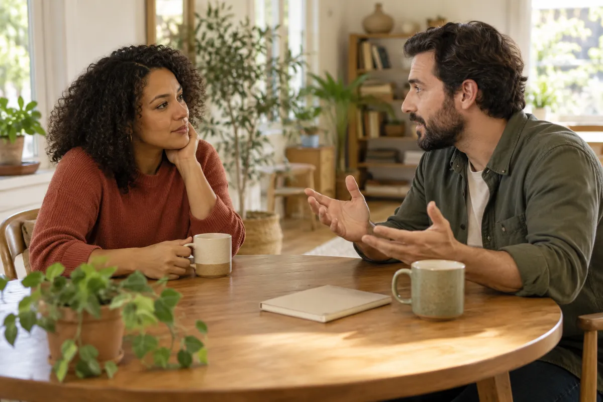 Two adults discuss ideas across a round wooden table.
