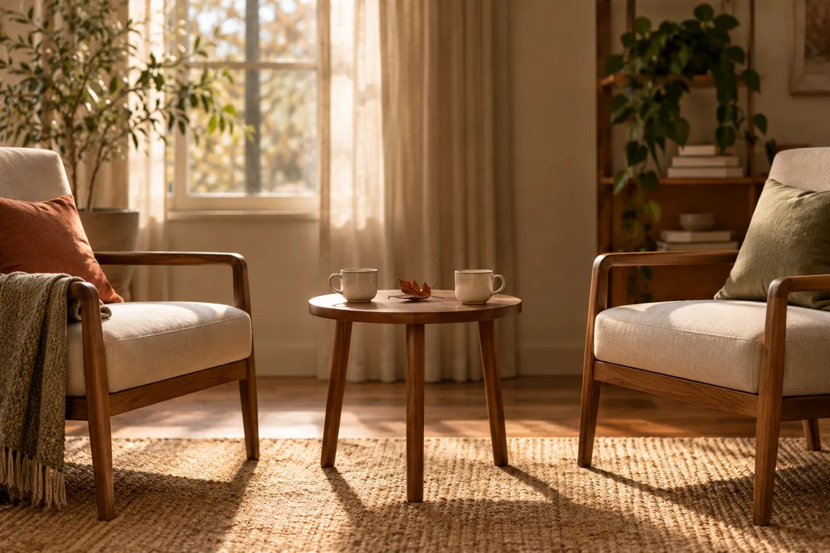 Two empty chairs separated by a small table in a warm room, a fallen dried leaf between untouched ceramic cups, restrained visual metaphor for painful words in a relationship, no abuse depicted