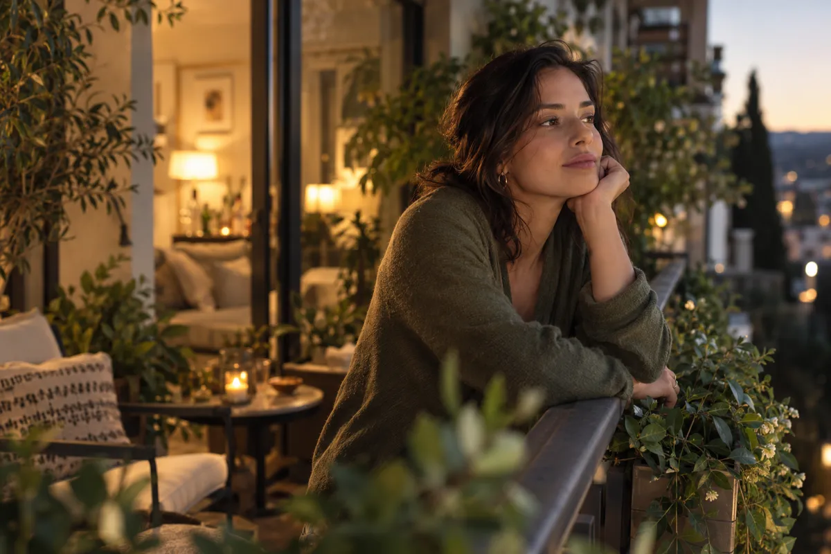 Person reflecting quietly on an apartment balcony