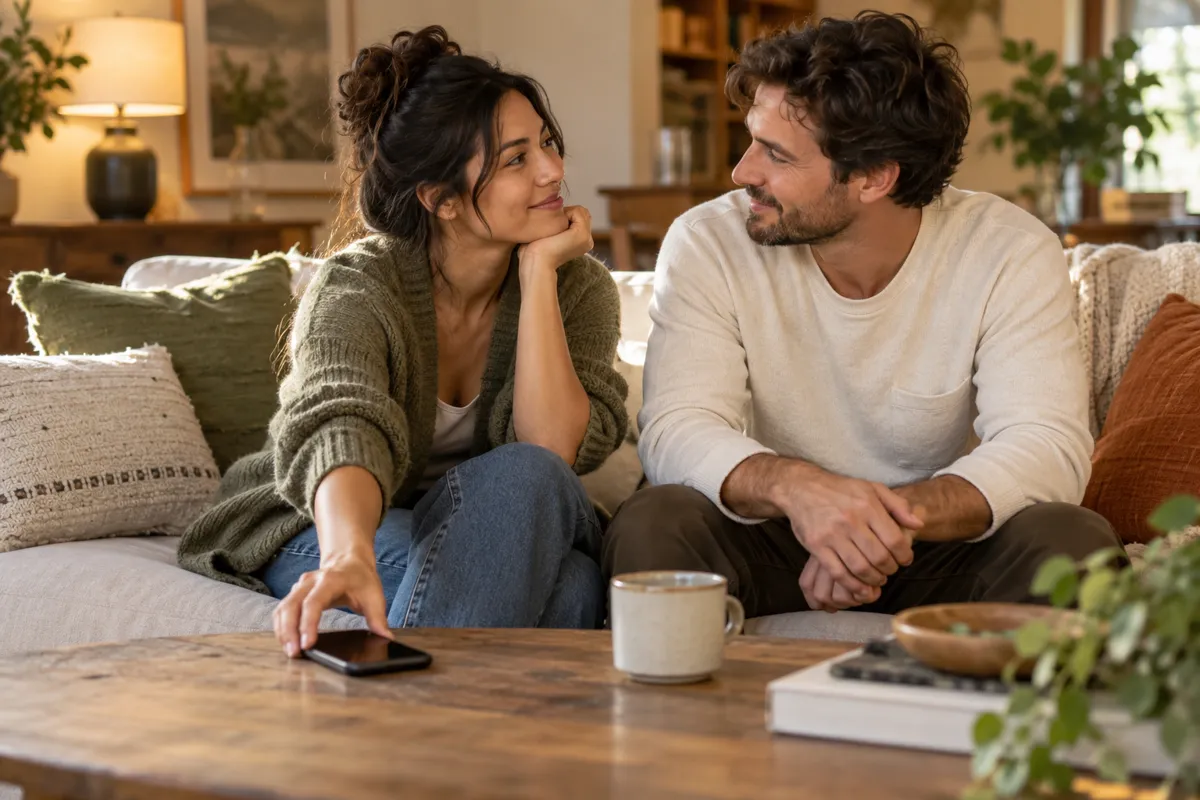 Couple turning toward each other while setting a phone aside