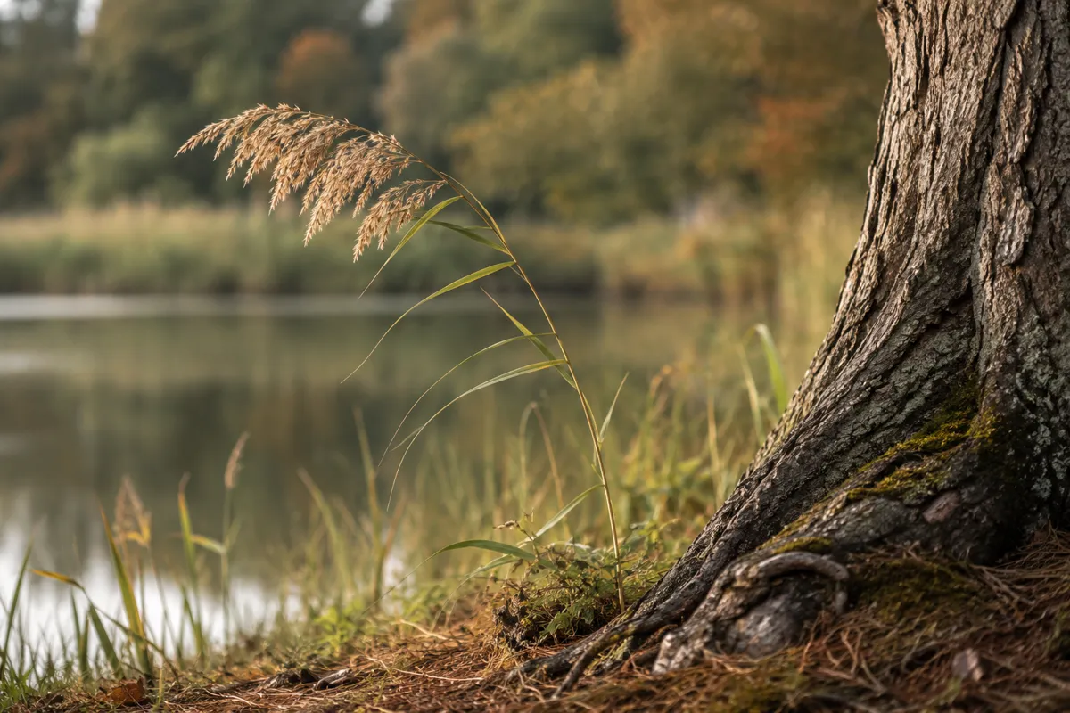 A slender reed bends beside a sturdy tree trunk near a pond.
