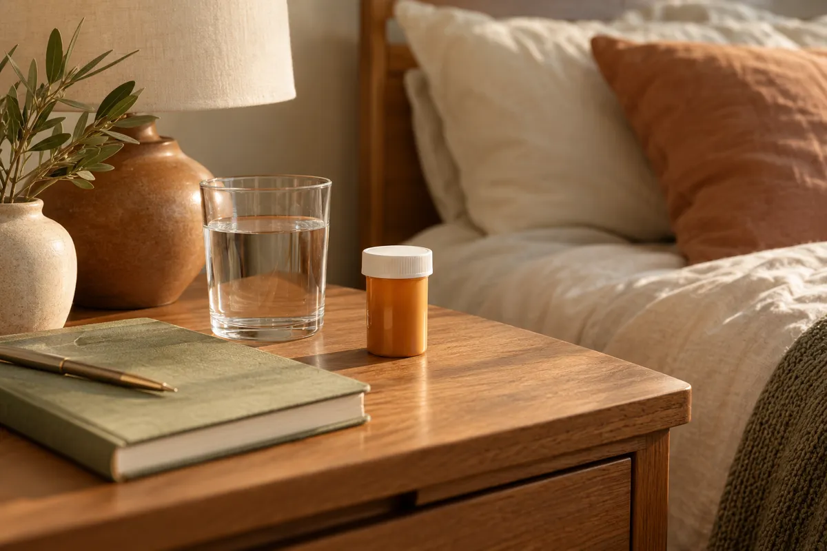 A closed plain prescription container with no label beside a glass of water and an ordinary daily journal on warm wooden bedside table, careful neutral treatment context, no visible pills or branding