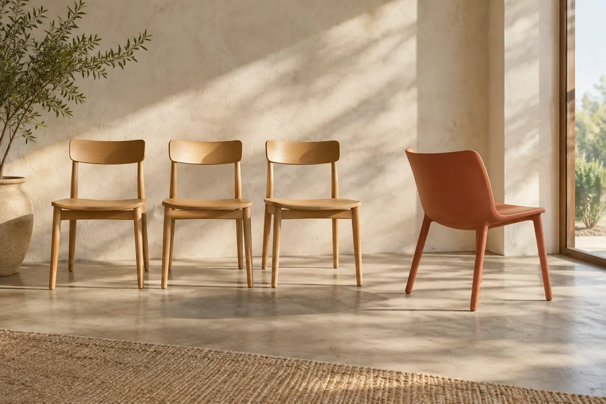 Terracotta chair angled away from a row of wooden chairs