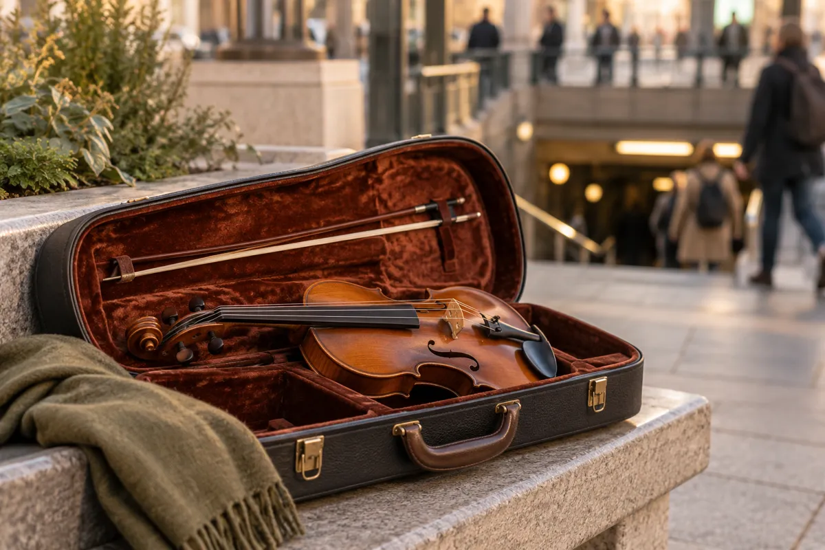 A beautiful wooden violin and bow resting inside an open velvet-lined case on a stone bench near a transit station entrance, soft blurred commuters in background, conceptual noticing beauty, no performer portrait