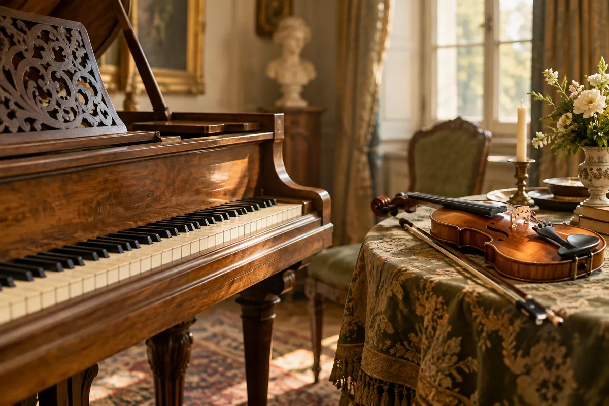 Antique piano and violin in a sunlit music room