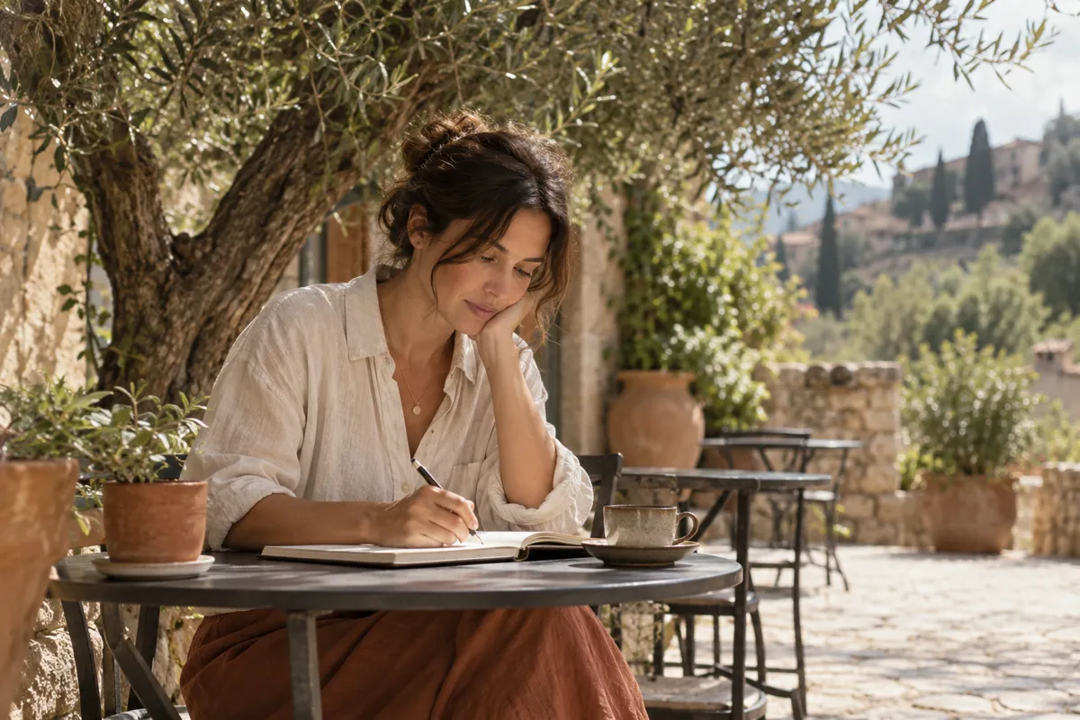 A woman writes in a journal beneath an olive tree at a cafe.