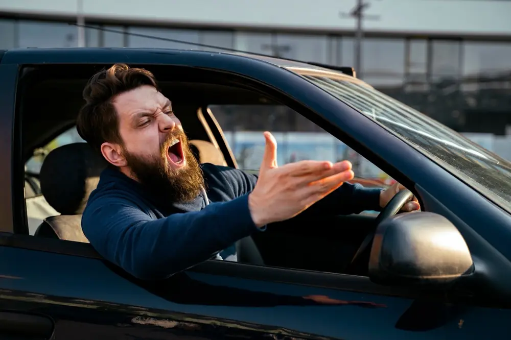 A driver gestures through an open car window.