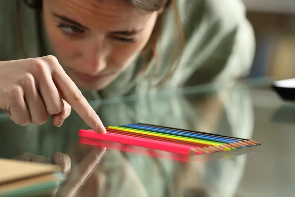 A person arranges colored pencils on a table.