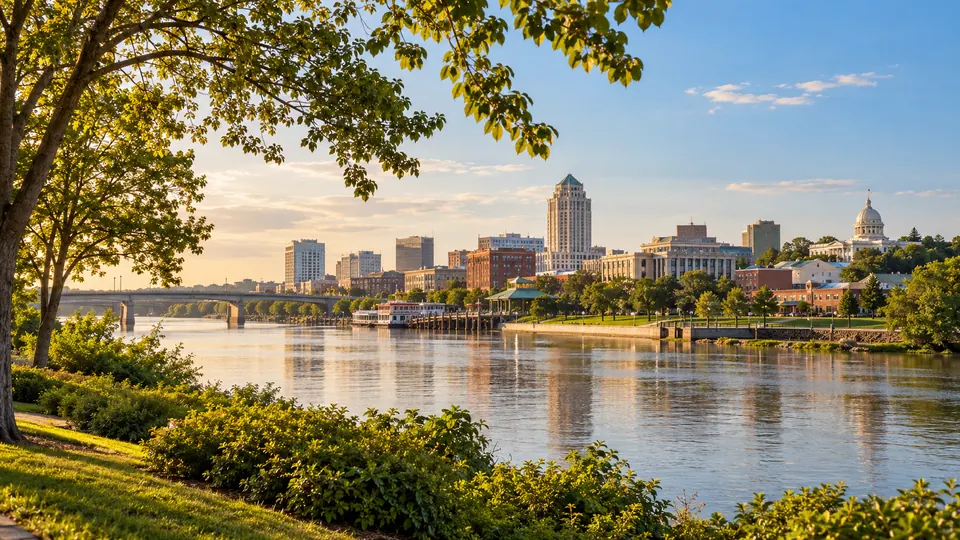A warm editorial scene inspired by Montgomery riverside, Alabama