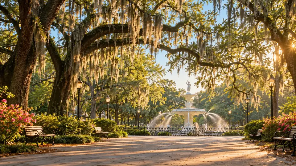 A warm editorial scene inspired by Forsyth Park in Savannah, Georgia