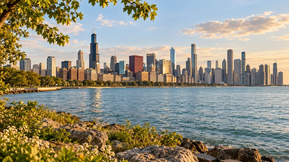 A warm editorial scene inspired by Chicago and Lake Michigan, Illinois