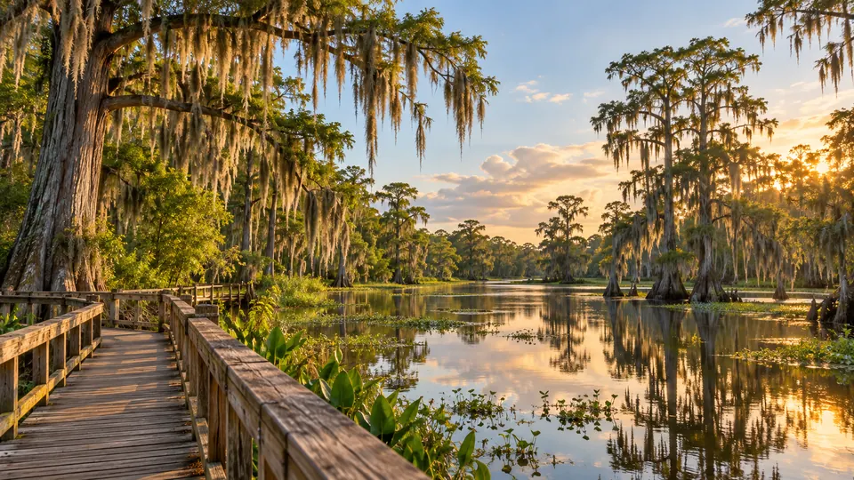 A warm editorial scene inspired by a cypress-lined Louisiana bayou