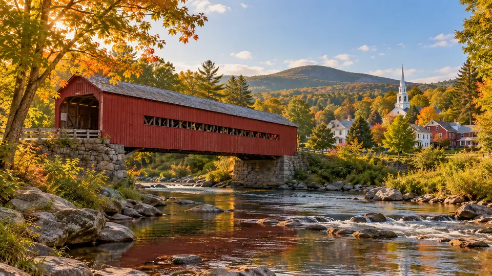 A warm editorial scene inspired by a red covered bridge and gentle Vermont stream