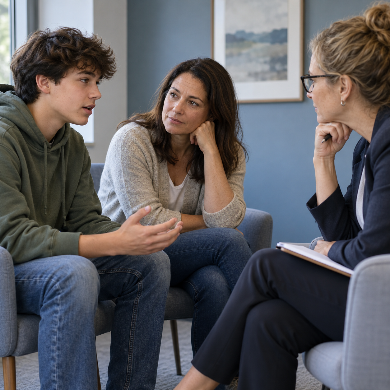A parent and teenager talking with a therapist in a blue-gray consultation room.