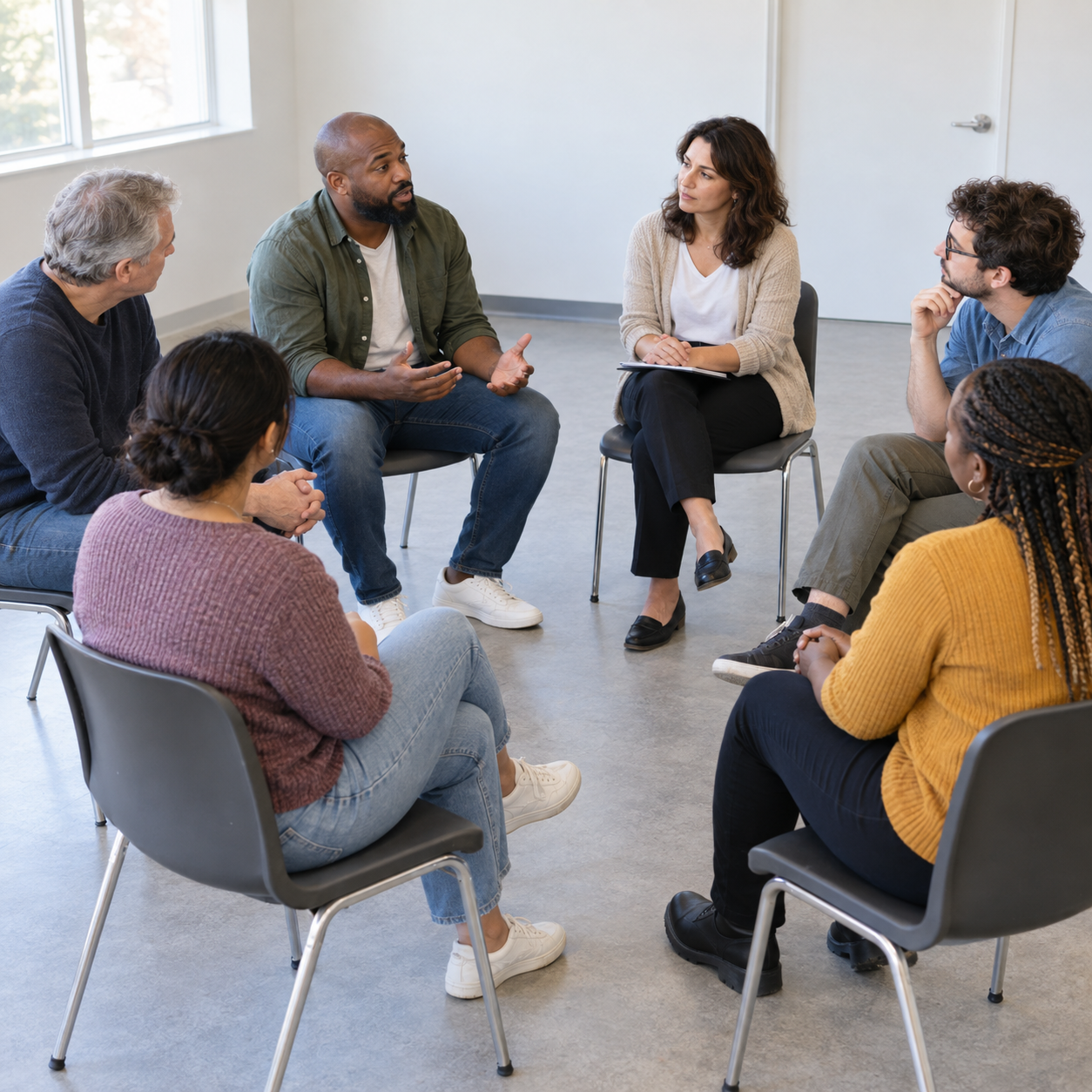 Six adults taking part in a group therapy conversation in a bright meeting room.