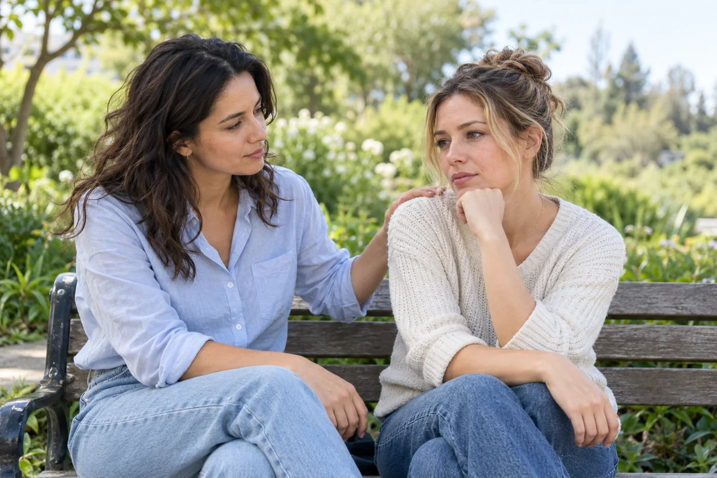 Two friends sharing a supportive conversation in a sunlit park