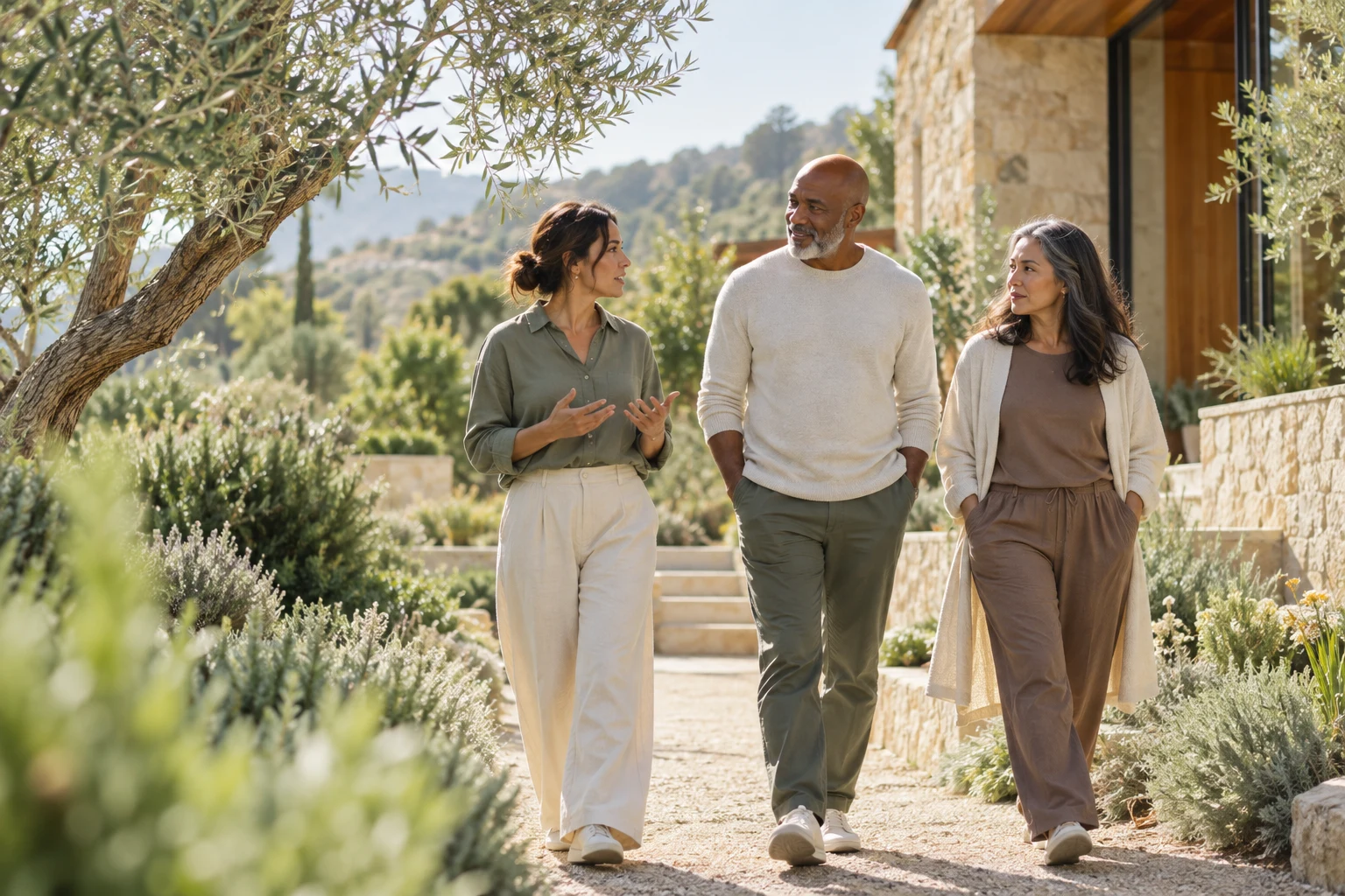 Illustrative scene of three people sharing a conversation on a garden path